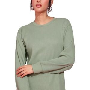 Alan Jones Clothing Women's 100%Cotton Relaxed Fit Waffle Crew Neck Long Sleeve T-Shirt